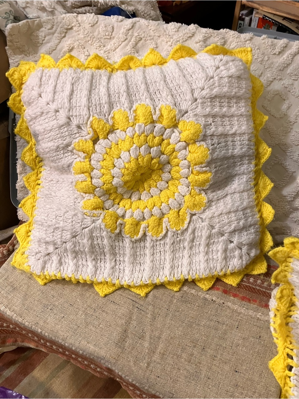 Set of Two 23 inch vintage, crochet XL throw pillows, yellow, and white